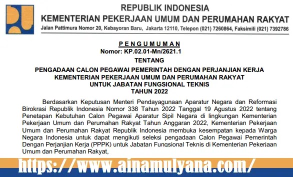 PENGUMUMAN PENDAFTARAN DAN FORMASI PPPK TENAGA TEKNIS KEMENTERIAN PUPR